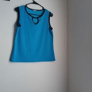 Unbranded Blouse Women L Blue with Black Trim Elegant Top Versatile Preppy Offic